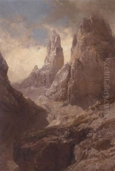 Der Winklerturm Von Der Vashutte Aus (vajoletturme Im Rosengarten Bei Bozen) Oil Painting by Edward Theodore Compton