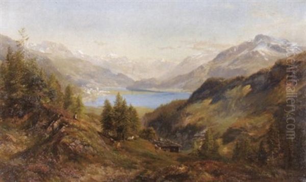 Blick Auf See In Hochgebirgstal, Im Mittelgrund Ein Dorf Oil Painting by Edward Theodore Compton