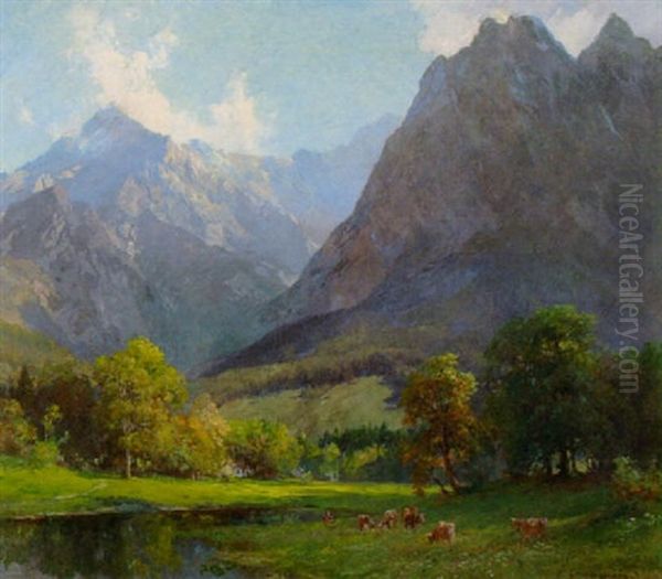 Sommerliche Gebirgslandschaft Mit Kuhen Am Gewasser Oil Painting by Edward Theodore Compton