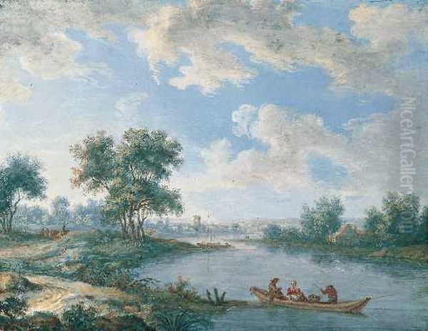 Flusslandschaft Mit Ubersetzendem Boot Oil Painting by Jurriaan Andriessen