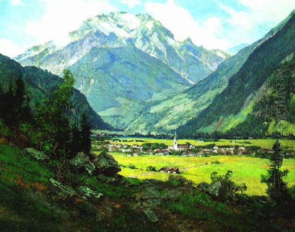 Blick Auf Mayrhofen Im Zillertal, Im Hintergund Der Grunberg Oil Painting by Edward Theodore Compton