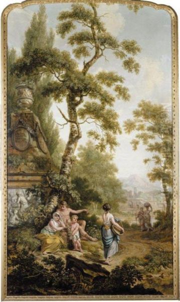 An Arcadian Landscape With Washerwomen On A Road, A Young Family Resting Nearby Oil Painting by Jurriaan Andriessen