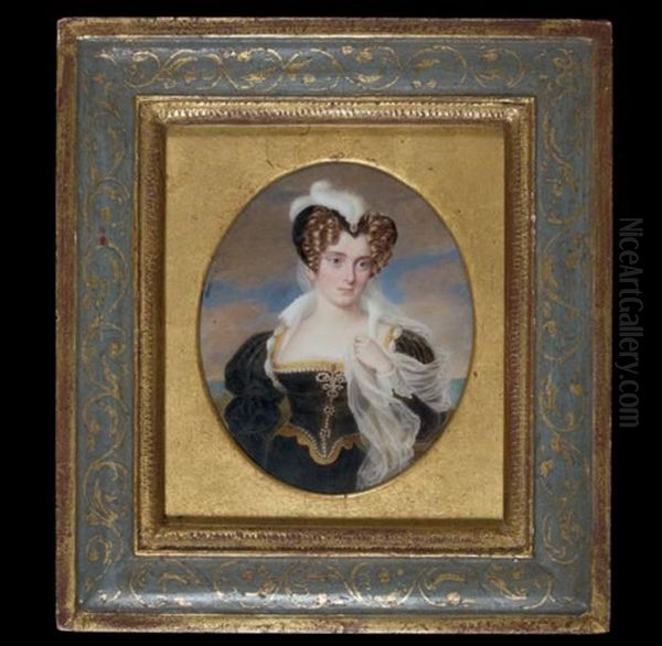 Portrait De Jeune Femme A L'aigrette Blanche Et Aux Rubix Retenant Un Voile, Derriere Elle L'ocean Oil Painting by Jacques Louis Comte