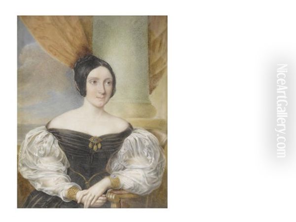 A Lady, Believed To Be Caroline Oakes Nee Bryan (b.1805), Seated Before A Stone Column And Wearing Black Decollete Dress With White Lace Bouffant Sleeves, Jewelled Cuffs To Her Wrists And Brooch To Her Corsage by Jacques Louis Comte