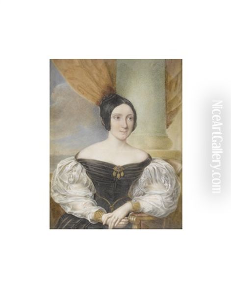 A Lady, Believed To Be Caroline Oakes Nee Bryan (b.1805), Seated Before A Stone Column And Wearing Black Decollete Dress With White Lace Bouffant Sleeves Oil Painting by Jacques Louis Comte