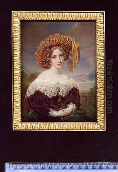 A Young Lady Wearing Purple Dress With Lace Cuffs And Wide Collar  With Gold Bar Brooch, Matching Brooch At Her Corsage, Gold Pendent Earring, Striped Silk Turban In Her Curled Blonde Hair Oil Painting by Jacques Louis Comte