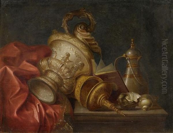 Stilleben Mit Silberprunkgefassen, Einem Buch, Muscheln Und Einem Roten Tuch Auf Einem Tisch Oil Painting by Meiffren Comte