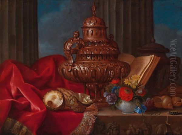 Prunkstillleben Mit Einem Deckelpokal, Muscheln, Einer Blumenschale, Einer Taschenuhr Und Einem Franzosischen Wappenbuch In Einer Klassischen Saulenarchitektur Oil Painting by Meiffren Comte