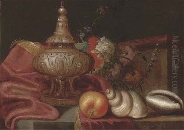 An Urn, An Orange, Shells, A Box Of Jewellery And A Bunch Of Mixed Flowers On A Partly Draped Ledge Oil Painting by Meiffren Comte