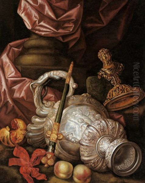 Stillleben Mit Einem Silbernen Prunkgefas, Pfirsichen Und Einem Granatapfel Oil Painting by Meiffren Comte