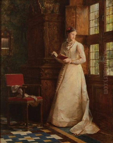 Femme Lisant Dans Un Interieur Gothique Oil Painting by Pierre Charles Comte