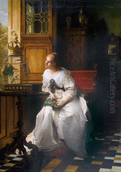 Frau Am Fenster Mit Stieglitzen Im Kafig Oil Painting by Pierre Charles Comte