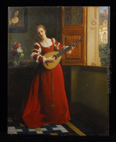 Woman By A Window With Mandolin Oil Painting by Pierre Charles Comte