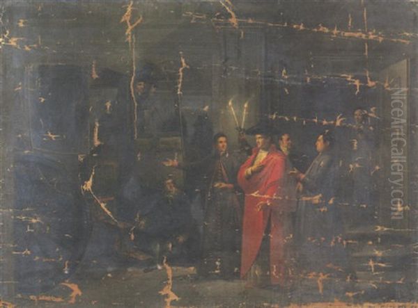 Papa Leone Xii Esce Dal Vaticano, Alla Presenza Dei Suoi Assistenti Di Camera Ludovico Altieri, Alberto Barbolani, E Del Cardinale Francesco Bertazzoli, La Sera Del 17 Aprile 1829 Oil Painting by Giacomo Conca