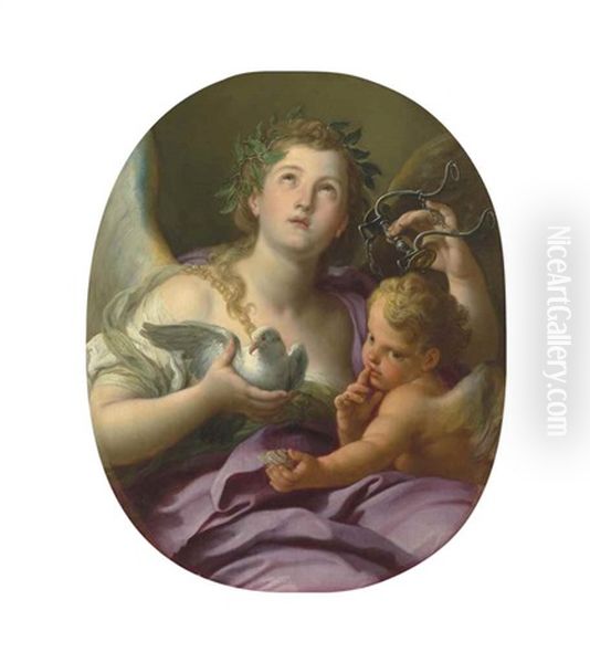 Allegory Of Temperance, Painted Oval Oil Painting by Sebastiano Conca