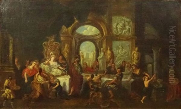 Richly Appointed Interior Scene With Diners Oil Painting by Sebastiano Conca