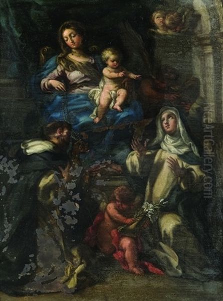 Madonna Del Rosario In Trono Con I Santi Domenico E Caterina Da Siena Oil Painting by Sebastiano Conca