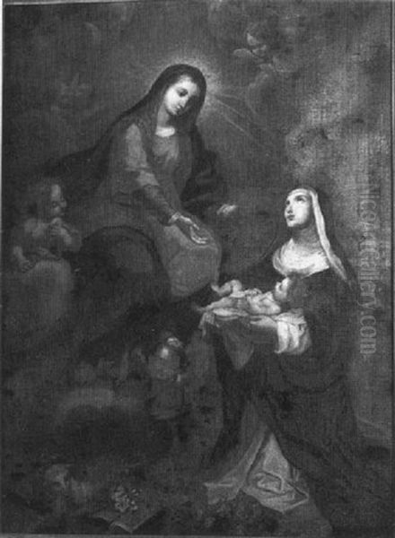 Mary With A Nun Holding A Child With Angel Figures And Lamb Oil Painting by Sebastiano Conca