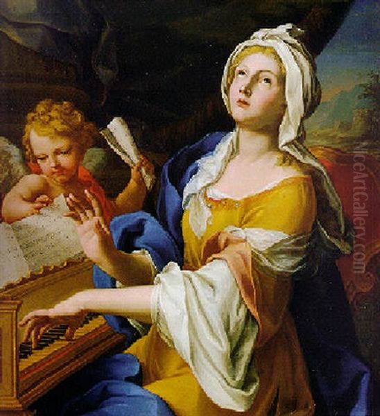 Saint Cecilia Playing Music Accompanied By An Angel Oil Painting by Sebastiano Conca