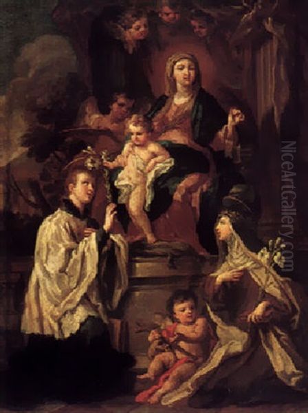 The Madonna And Child Enthroned With Saints Luigi Gonzaga And The Magdalene Of The Pazzi Oil Painting by Sebastiano Conca