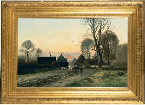 Retour Du Troupeau Au Village, Soleil Couchant Oil Painting by Jules Andrieu