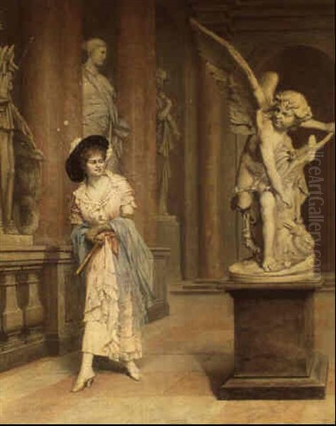 Jeune Femme Devant La Sculpture De Cupidon Oil Painting by Joseph Henri Cond'Amin