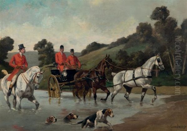 Veneurs, Chevaux Et Chiens. Le Passage Du Gue (pair) Oil Painting by Charles-Fernand de Condamy