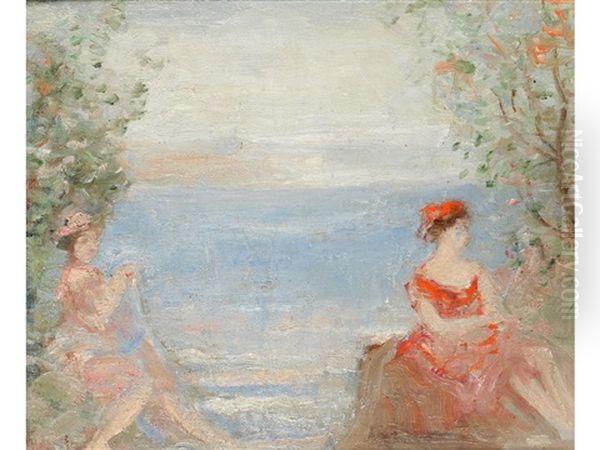 Two Ladies Seated Beside Trees With The Sea Beyond Oil Painting by Charles Conder