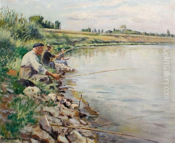 Fishing On A Summers Day Oil Painting by Alfred Louis Andrieux