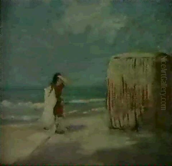 Woman And Bathing Tent On Beach Oil Painting by Charles Conder