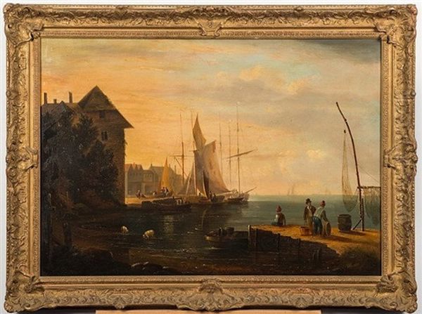 A Coastal Harbour Scene, Fishermen On A Quay, Small Sail Trading Craft Alongside Harbour Wall Oil Painting by Nicholas Condy