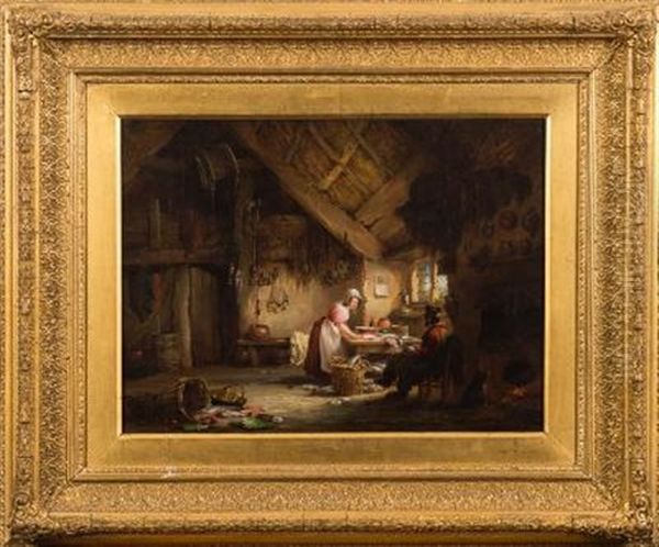 Figures In A Country Cottage Kitchen A Woman Preparing Fish, A Seated Man And Dog At Fireside Oil Painting by Nicholas Condy