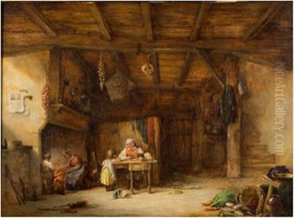 A Cottage Interior; Father And Daughter At A Table, Mother And Son At The Fireplace Oil Painting by Nicholas Condy