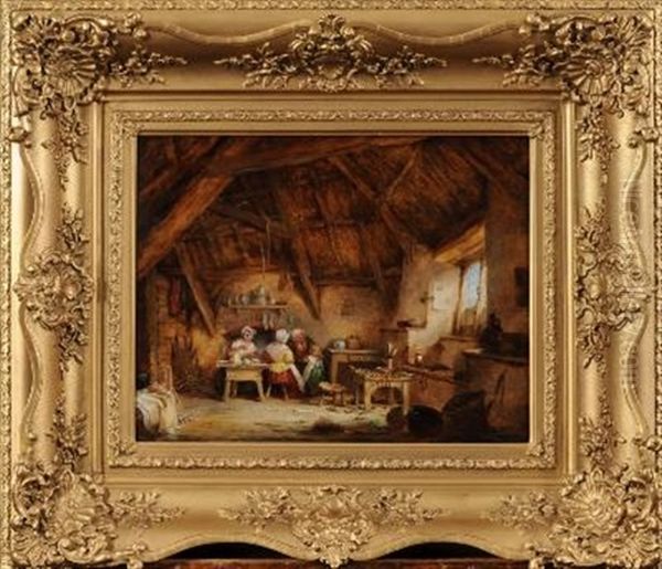 Interior Of The Cobbler's Cottage, Three Figures And A Child Around A Table Oil Painting by Nicholas Condy