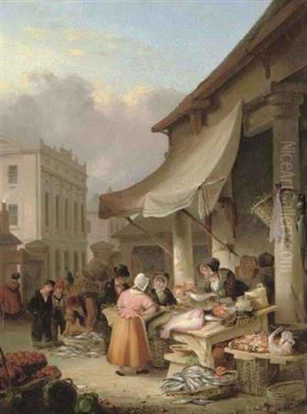 A Fish Stall In Plymouth Market Oil Painting by Nicholas Condy