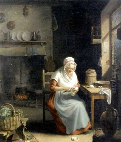 An Old Woman Peeling Turnips In An Interior Oil Painting by Nicholas Condy