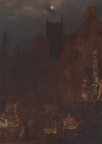 Figures In A Moonlit Market Before An Open Theatre Oil Painting by Nicholas Condy