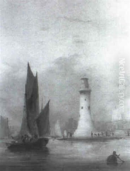 Shipping Becalmed By A Lighthouse Oil Painting by Nicholas Condy