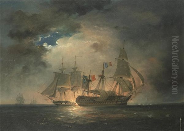 The Guillaume Tell In Action With H.m.s. Penelope, With H.m.s. Lion To Starboard And H.m.s. Foudroyant Coming Up Astern To Join The Fray, 31st March 1800 Oil Painting by Nicholas Matthew Condy