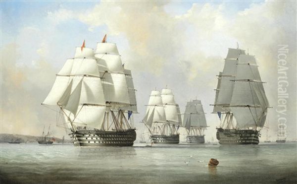 Ships-of-the-line From The 'experimental Squadron' Underway In Light Winds In Osborne Bay, 15th July 1845 Oil Painting by Nicholas Matthew Condy