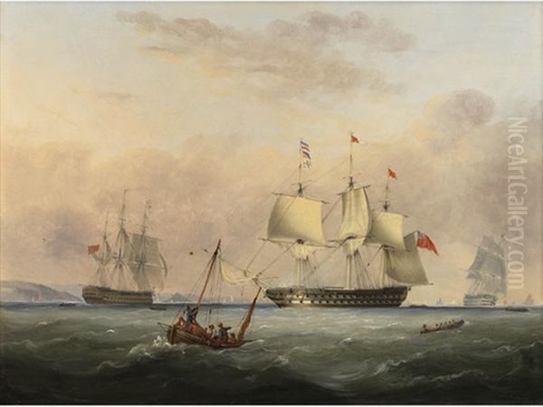 A 74 Gun Ship Of The Line Entering Plymouth Sound Oil Painting by Nicholas Matthew Condy