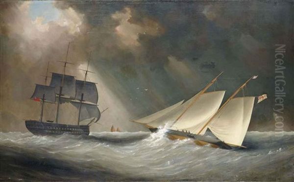 A Racing Schooner Of The Royal Yacht Squadron, Thought To Be Camilla, Heeling In The Breeze In The Channel With A Royal Navy Two-decker About To Cross Ahead Of Her Oil Painting by Nicholas Matthew Condy