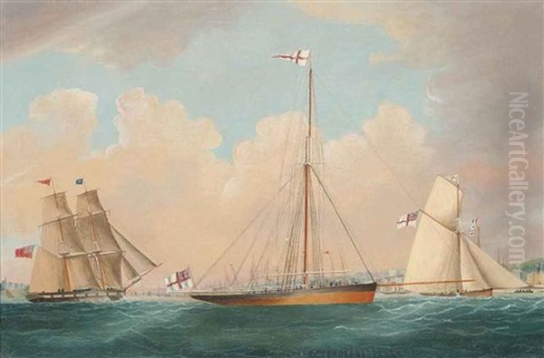 Yachts Of The Royal Yacht Squadron Racing Off Cowes And A Racing Yacht Of The Royal Yacht Squadron In The Solent (pair) Oil Painting by Nicholas Matthew Condy