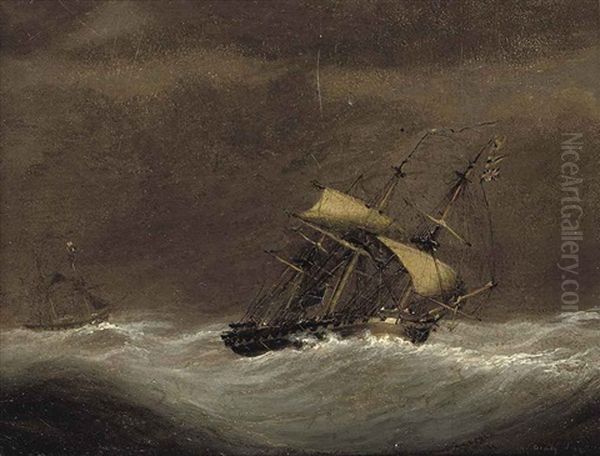 A Royal Navy Frigate Reefed-down In Heavy Seas Oil Painting by Nicholas Matthew Condy