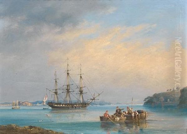 A Frigate Of The Royal Navy At Anchor In The Barn Pool, Off Mount Edgcumbe, Plymouth Oil Painting by Nicholas Matthew Condy