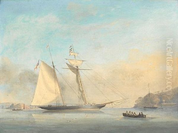 The Royal Yacht Squadron's Crusader Becalmed In The Barn Pool, Off Mount Edgcumbe, Plymouth Oil Painting by Nicholas Matthew Condy