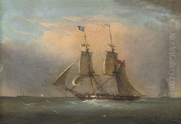 A Packet In The Channel (+ A Royal Naval Two-decker Running Inshore; Pair) Oil Painting by Nicholas Matthew Condy