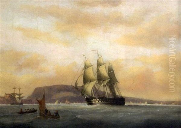 A Man-of-war In Plymouth Sound, With Mount Edgcumbe Behind Oil Painting by Nicholas Matthew Condy