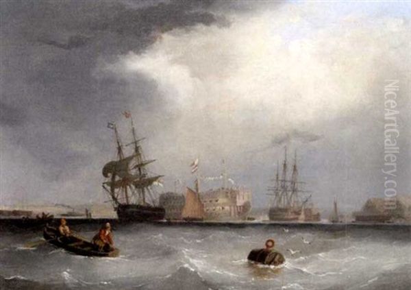 A Royal Navy Brig Departing From The Hamoaze With Other Shipping, Including An Ancient Hulk Beyond Oil Painting by Nicholas Matthew Condy