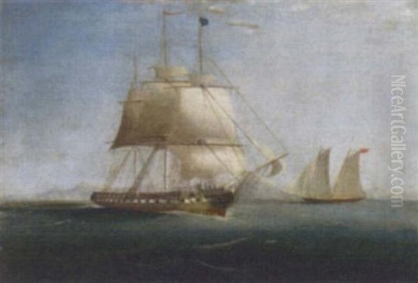 A Frigate Of The Royal Navy Under Reduced Sail Off The Mediterranean Coast Oil Painting by Nicholas Matthew Condy